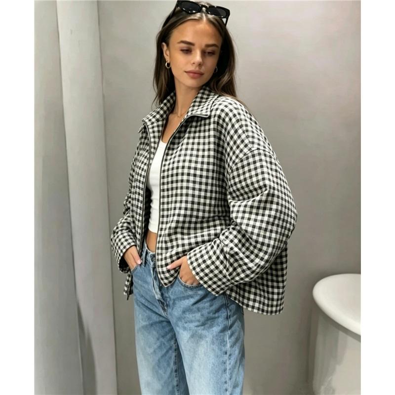 Women Vintage Small Plaid Cropped Jacket Lapel Collar Zip Up Long Sleeve Loose Casual Checkered Coat