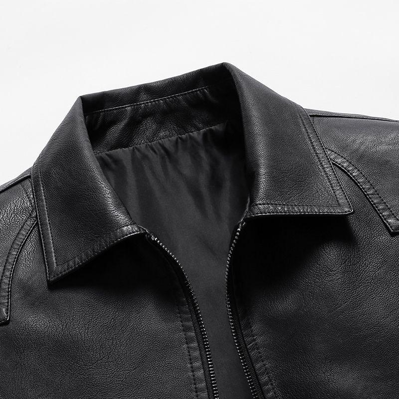 Men's Thickened Fleece-Lined Motorcycle Leather Jacket – Plus Size Lapel Design for Spring & Autumn