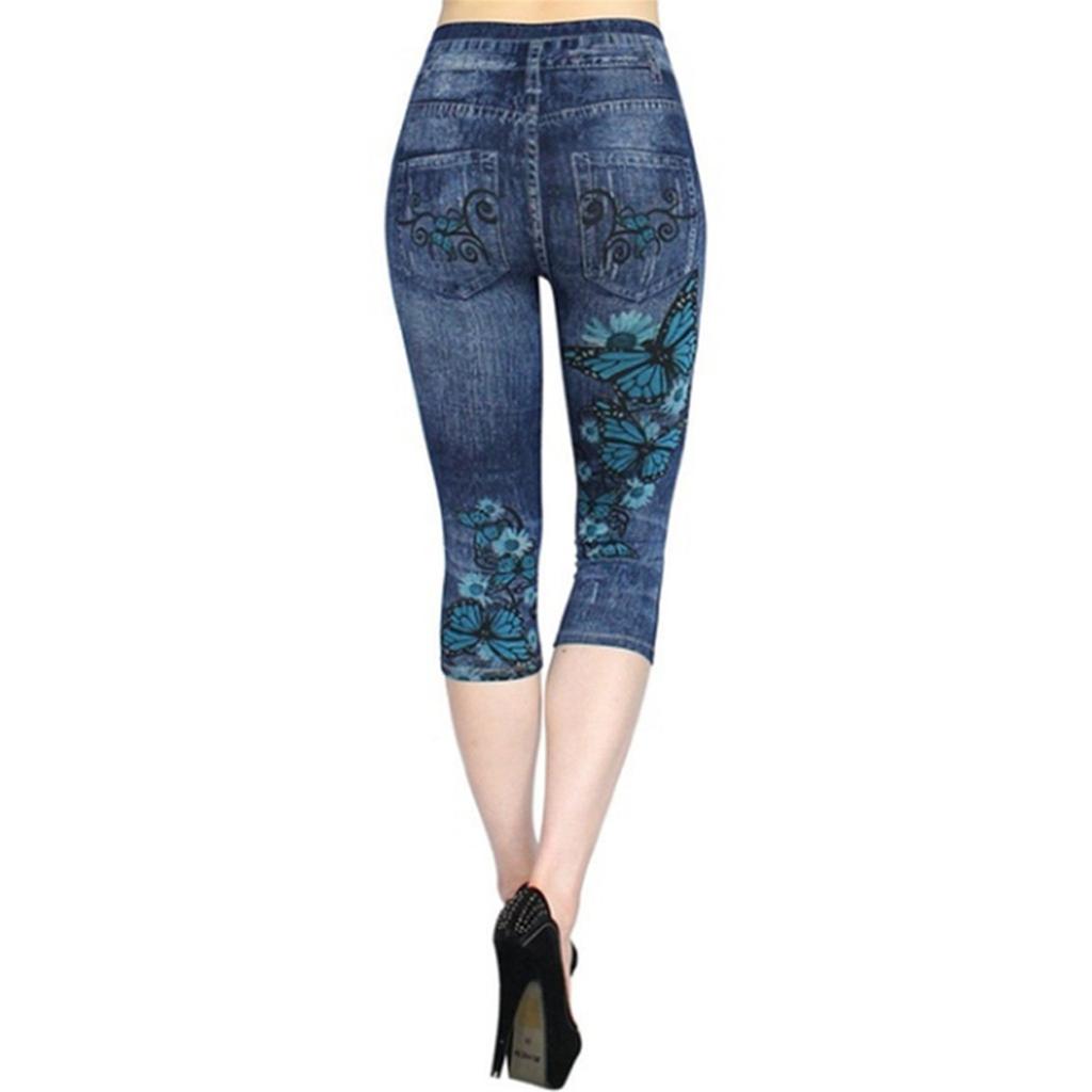 Women's Fashion Printed Capri Pants Slim Fit Stretch Denim Look Mid-Calf Length Five Point Pants for Summer Casual Wear