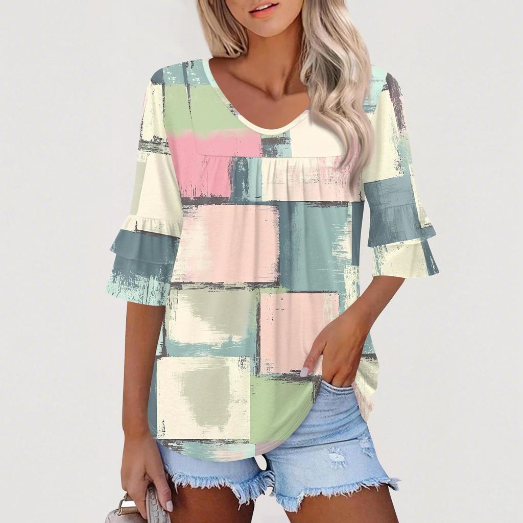 3/4 Length Sleeve Womens Tops Dressy Casual Blouses Bell Ruffle Sleeve Loose Fit Tunic Tops V Neck T Shirts