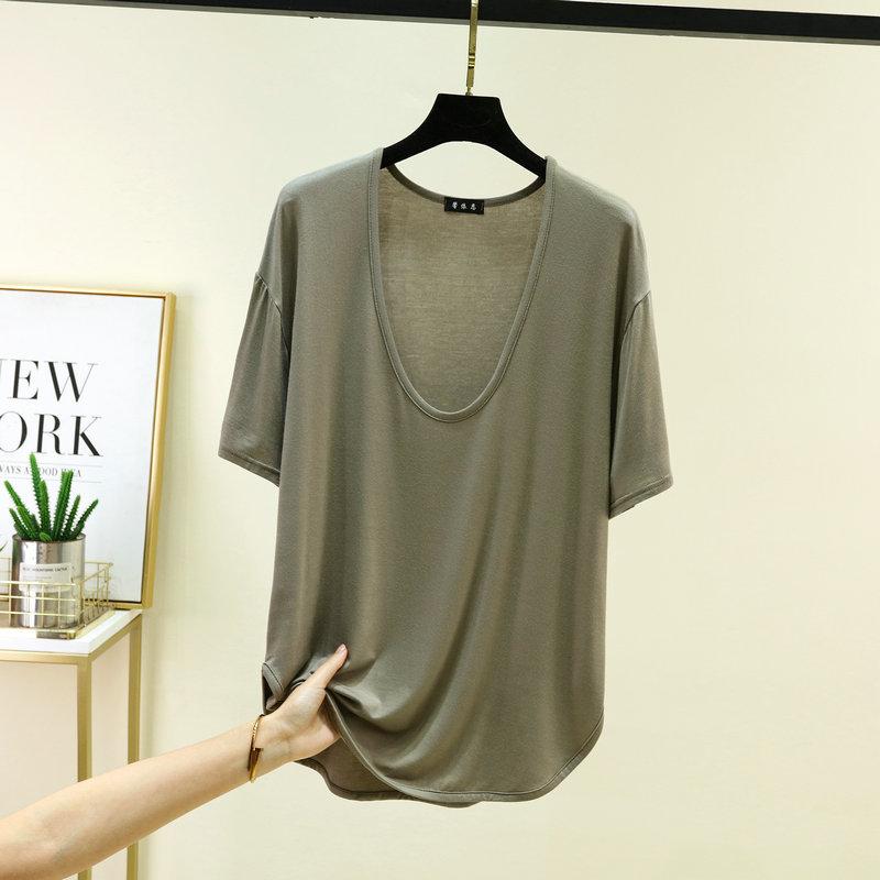 Modal Deep U-Neck Tshirt Summer Loose Short-sleeved T-shirts Simple Thin Tees Casual Tee Tops
