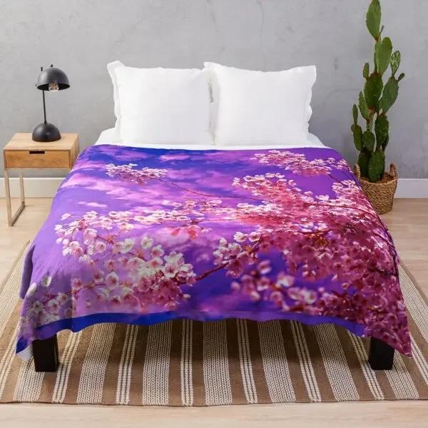 White Pink Cherry Blossom Flannel Throw Blanket Romantic Flowers King Queen Full Size For Living Room Sofa Couch Lightweight