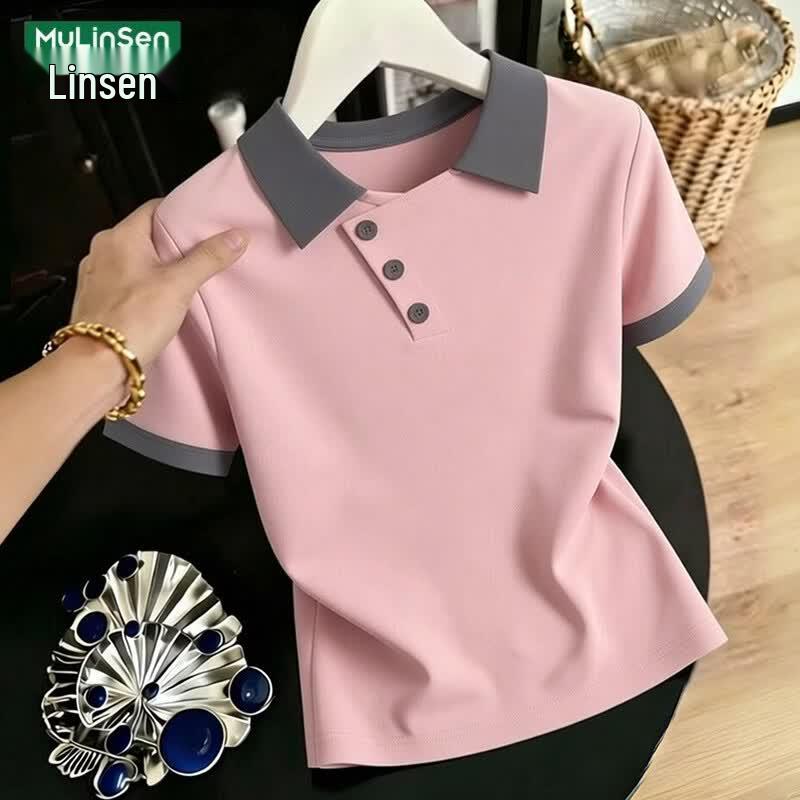 MULINSEN 2026 Women s Contrast Lapel Short Sleeve Polo T-Shirt XL розовый