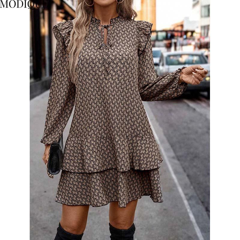 MODIQUE 2025 Sommer Neues Damen Retro Allover-Print Mehrfachplissiertes Kurzes Kleid mit Bindegürtel Damen Casual A-Linien-Kleid