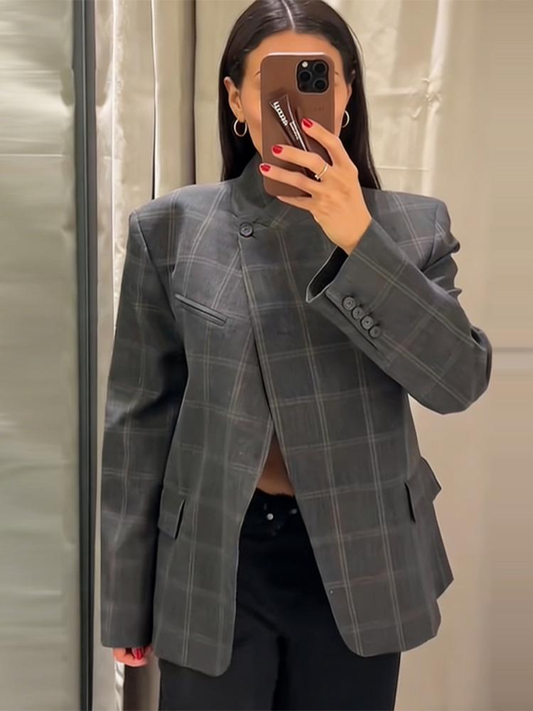 2026 Spring Korean Style Plaid Stand Collar Blazer