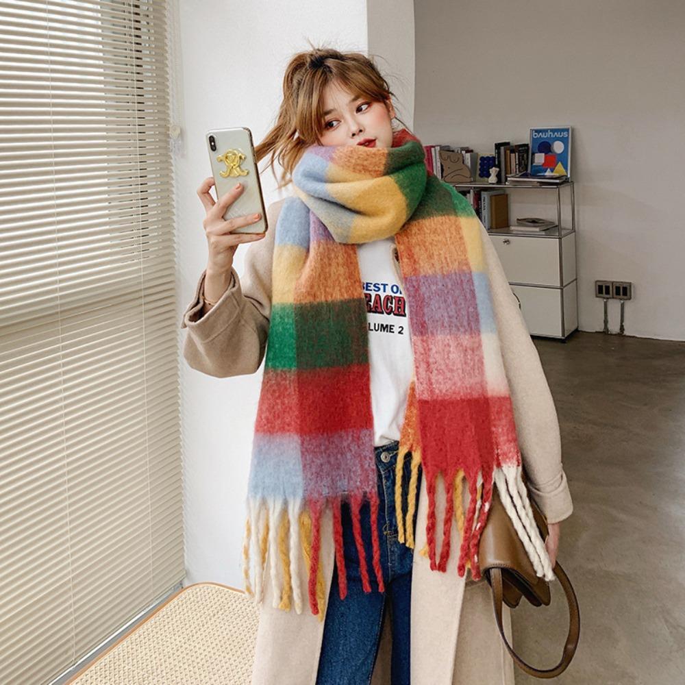Female Korean Style Thickened Scarf Long Tassel Rainbow Winter Plaid Shawl Gradient Tie Dye Scarf