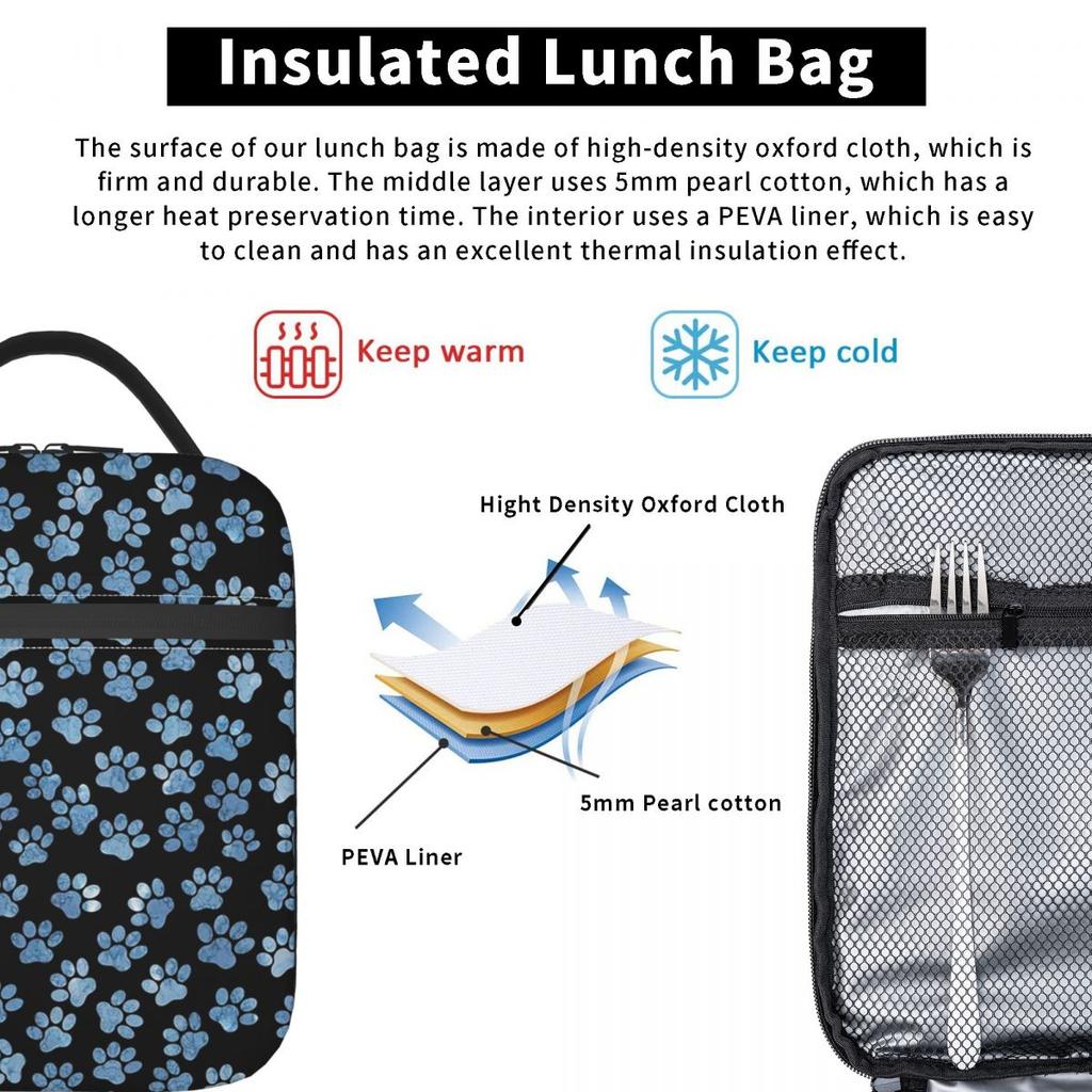Blue Dog Paw Pattern Insulated Lunch Bag for Women Office Cooler Thermal Food Box Tote Leakproof Lunch Boxes Container