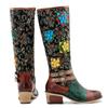 Johnature Handmade Color Printing Splice Flower Belt Buckle Comfortable Thick Heel Women Mid-calf Boots