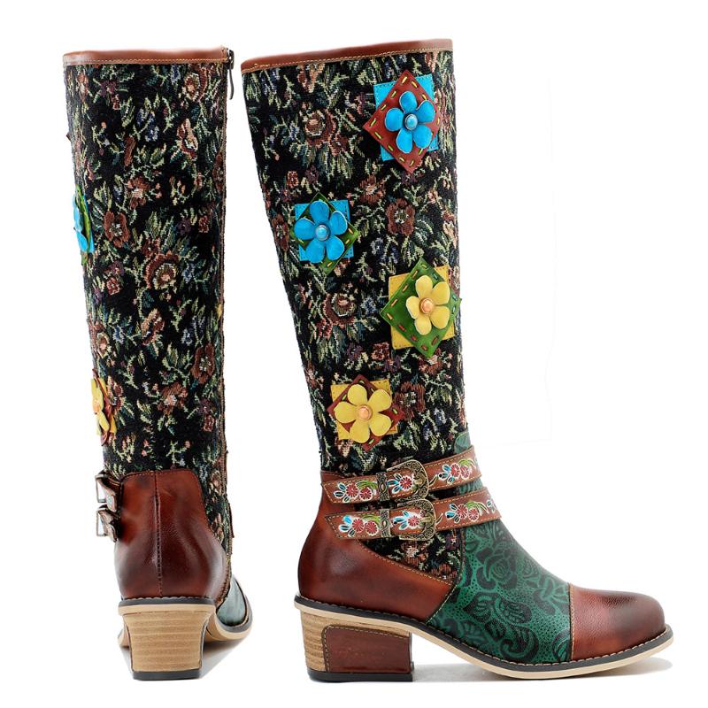 Johnature Handmade Color Printing Splice Flower Belt Buckle Comfortable Thick Heel Women Mid-calf Boots