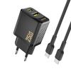 Ładowarka Sieciowa USB-A USB-C Z Kablem USB-C GaN PD QC 25W - Czarna