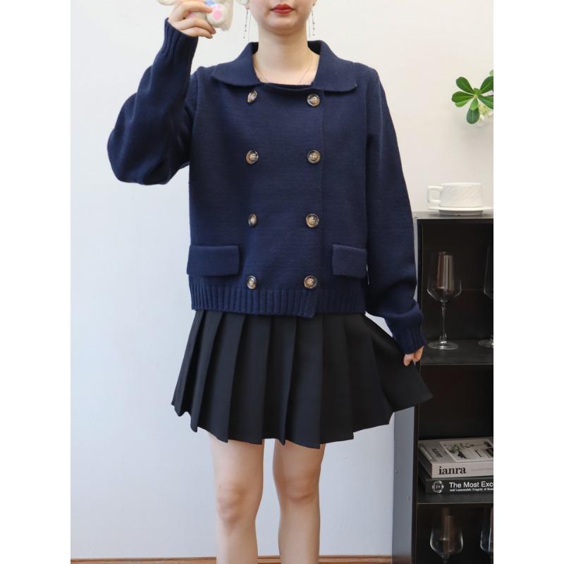 Premium lapel double-breasted sweater jacket women's autumn and winter new retro loose solid color knitted cardigan