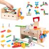 AOMACO Wooden Tool Educational Toy for Portable Transforms Into a Building and Gift for Boys and Girls Set, Carpenters, Toolbox, Workbench, Play,