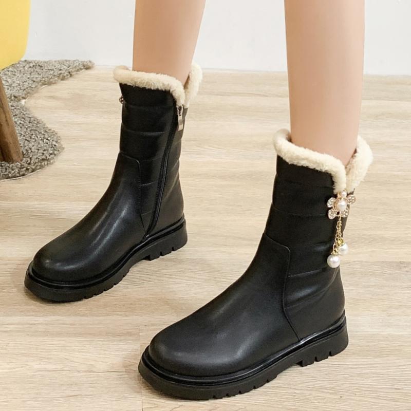 Weiße Stiefeletten für Damen 2024 Winterschuhe Schwarz Warmes Fell Schneestiefel Mädchen Niedrige Absätze Schuhe Luxus Bequem