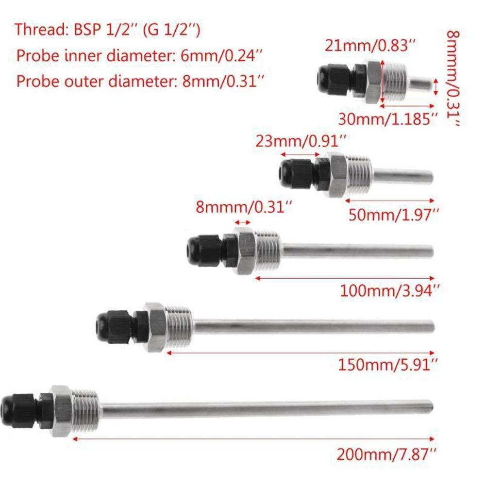 Strong and Waterproof 12 Inch Thermowell For BSP G Thread 304 Stainless Steel For Temperature Sensor Protection