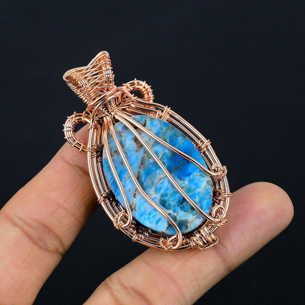 Neon Blue Apatite Gemstone Pendant 999 Copper Wire Wrapped Jewelry, Handmade Antique Pendant Jewelry, Gift For Mother