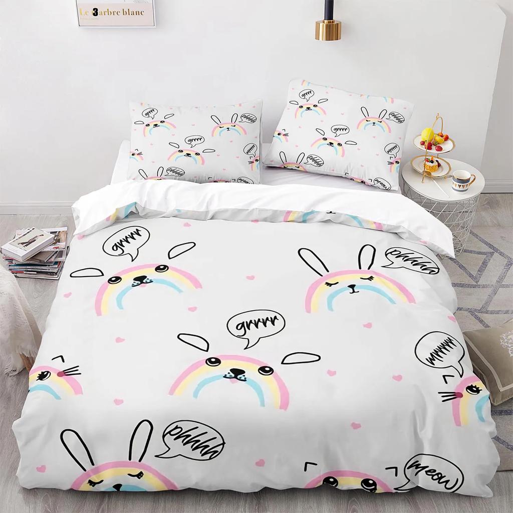 Rabbit Rainbow King Queen Duvet Cover Cartoon Animals For Children Boys Girls Easter Green Polyester Quilt Cover Bedroom Decor
