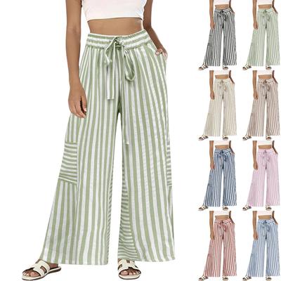 Damen High Waist Weit Bein Gestreifte Hose mit Verstellbarem Kordelzugbund und Lockerer Passform für Freizeitkleidung