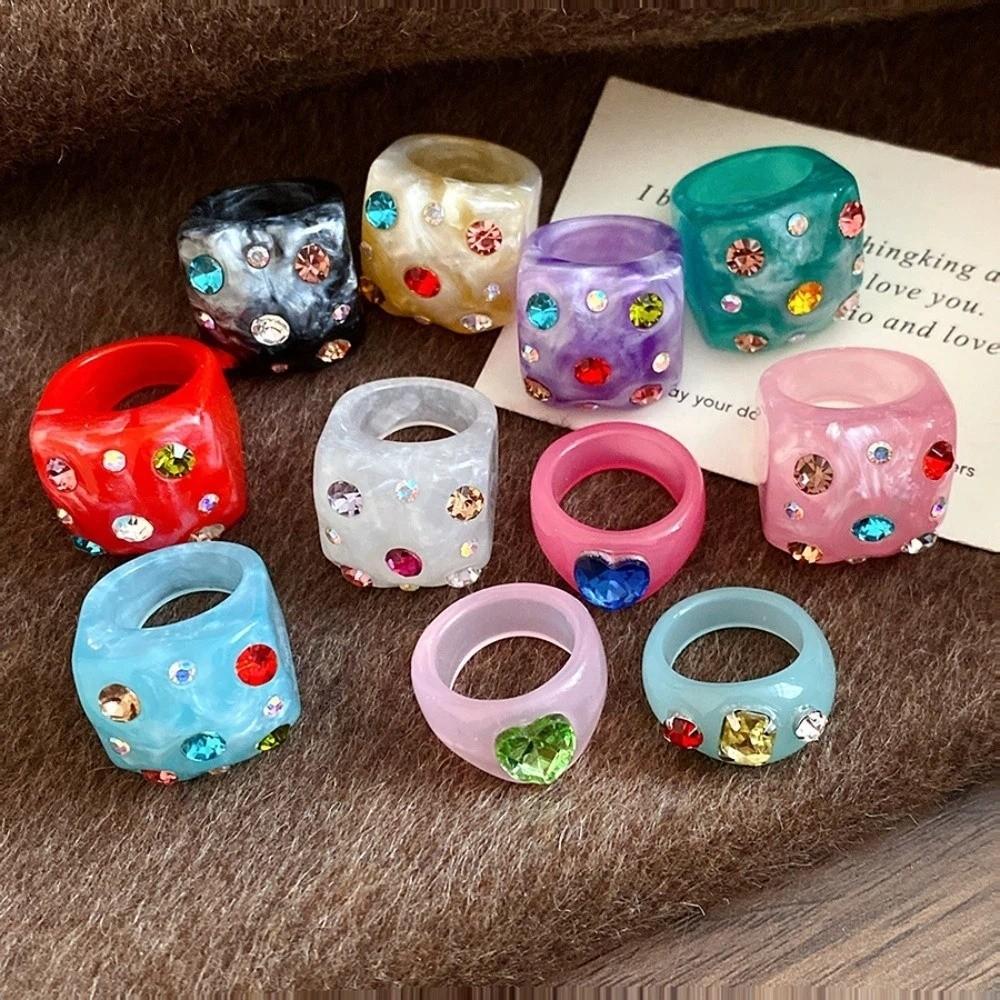 Bonbonfarbener Geometrischer Ring Koreanischer Stil Großer Schlichter Kuppelring Harz Strassring Schmuck Geschenke