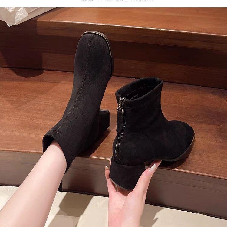 Men's Suede Square-Toe Ankle Boots with Back Zip, Chunky Mid-Heels, and Soft Surface - Fashionable for Autumn/Winter 2025. cm