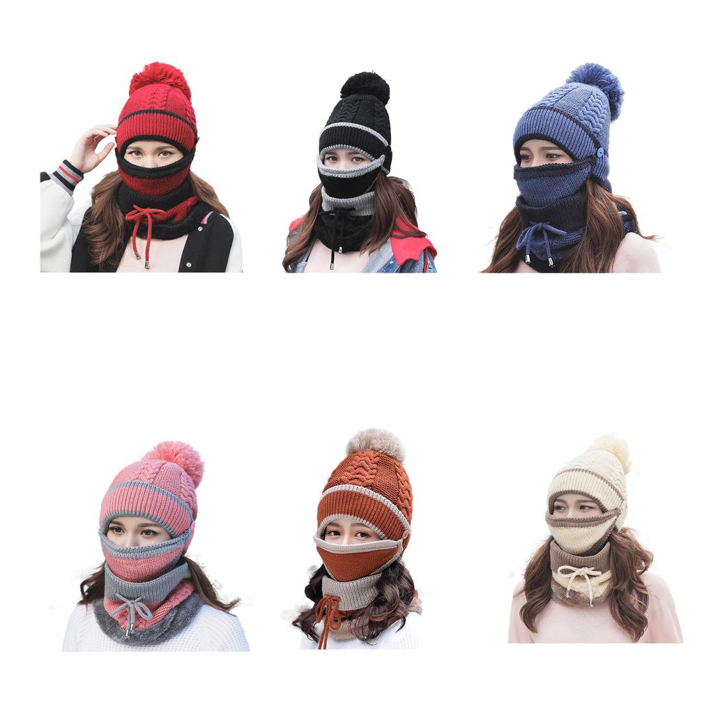3PCS Women Beanie Hat Pom Bobble Scarf Set Knitted Winter Warm Snow Ski Cap Gift