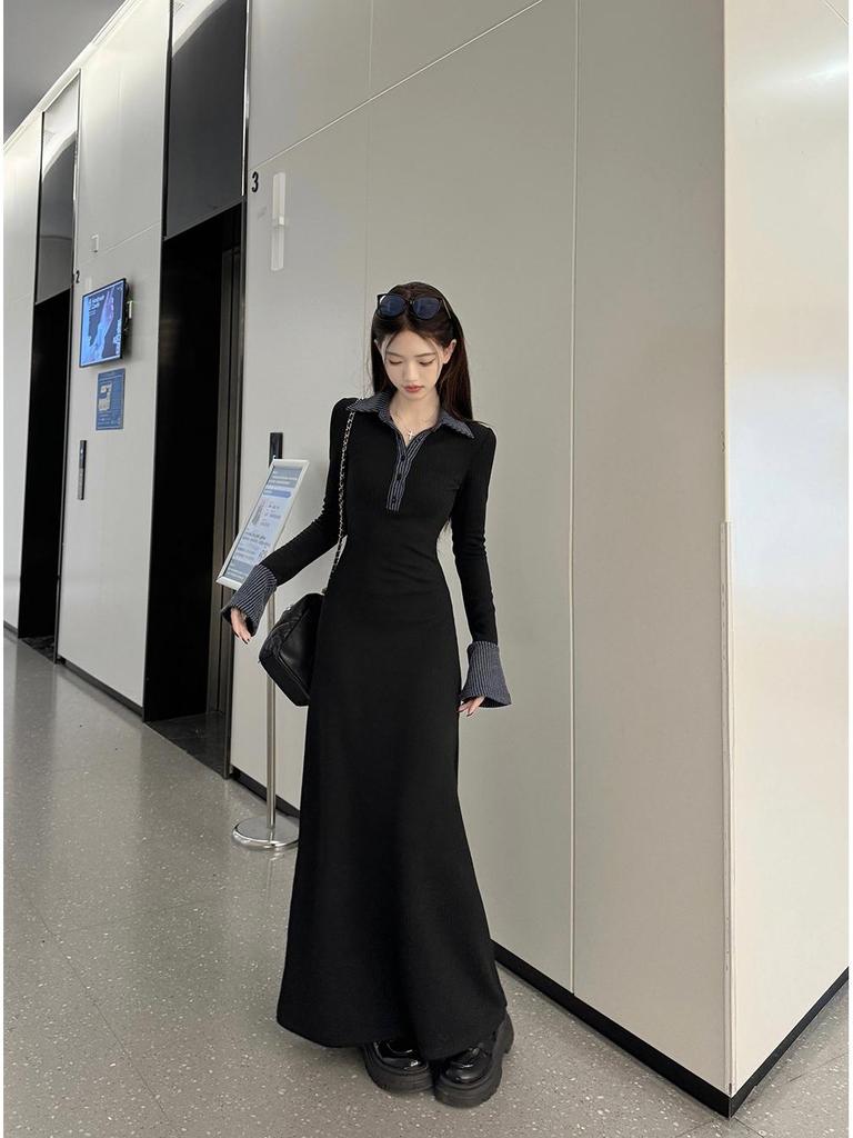 Women's Spring Collection: Black Slimming Ruffle Long Dress with Turn-Down Collar and Waist-Cinching Design
