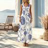 Blue White Floral Sleeveless Maxi Dress for Women Lightweight Flowy Beach Vacation Dress,Casual Versatile Summer Long Dress