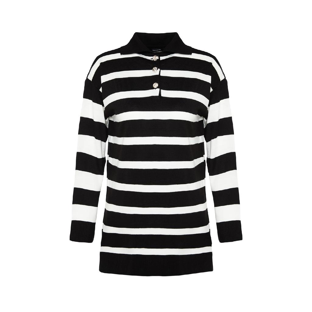 Black And White Polo Neck Striped Knitwear Sweater Tctaw24ak00045