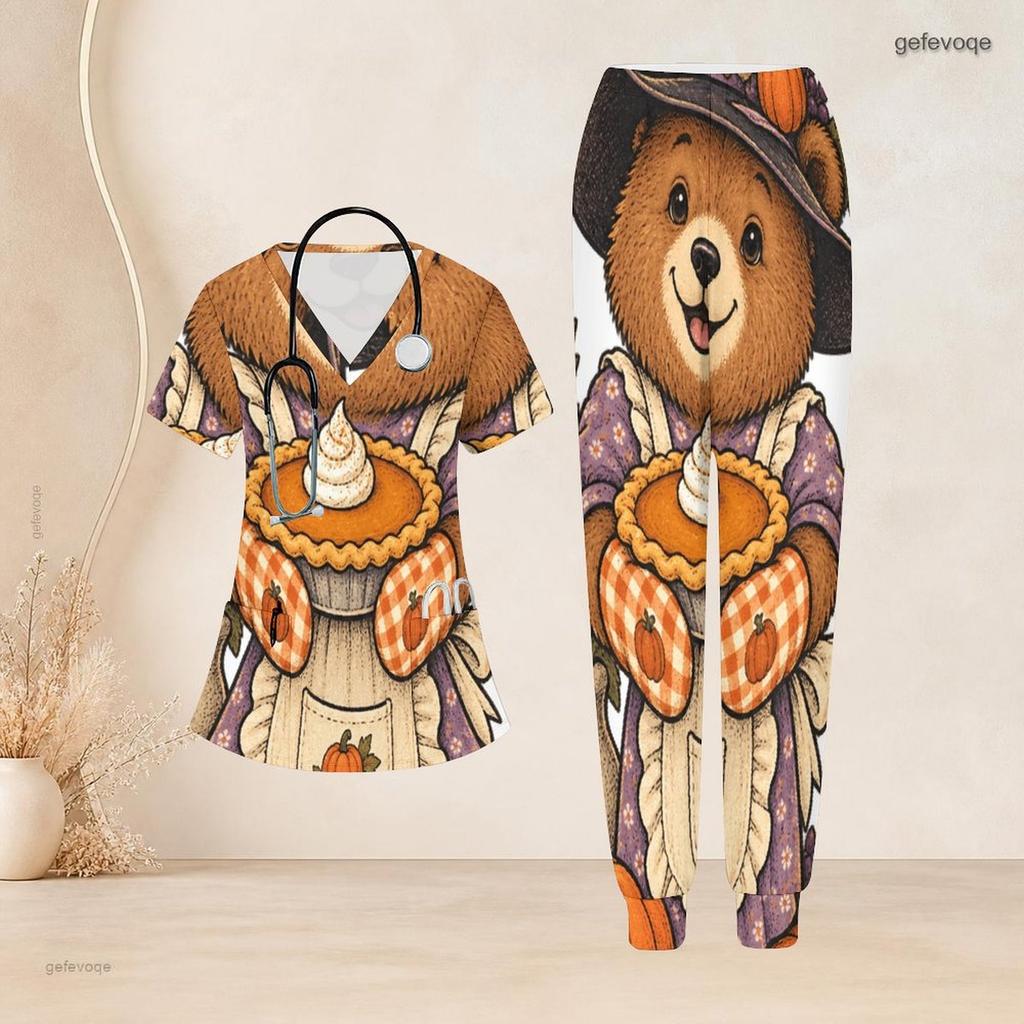 Women Plus Size V Neck Short Sleeve Scrub Set Thanksgiving Turkey Pumpkin Pie Print Nurse Uniform Set