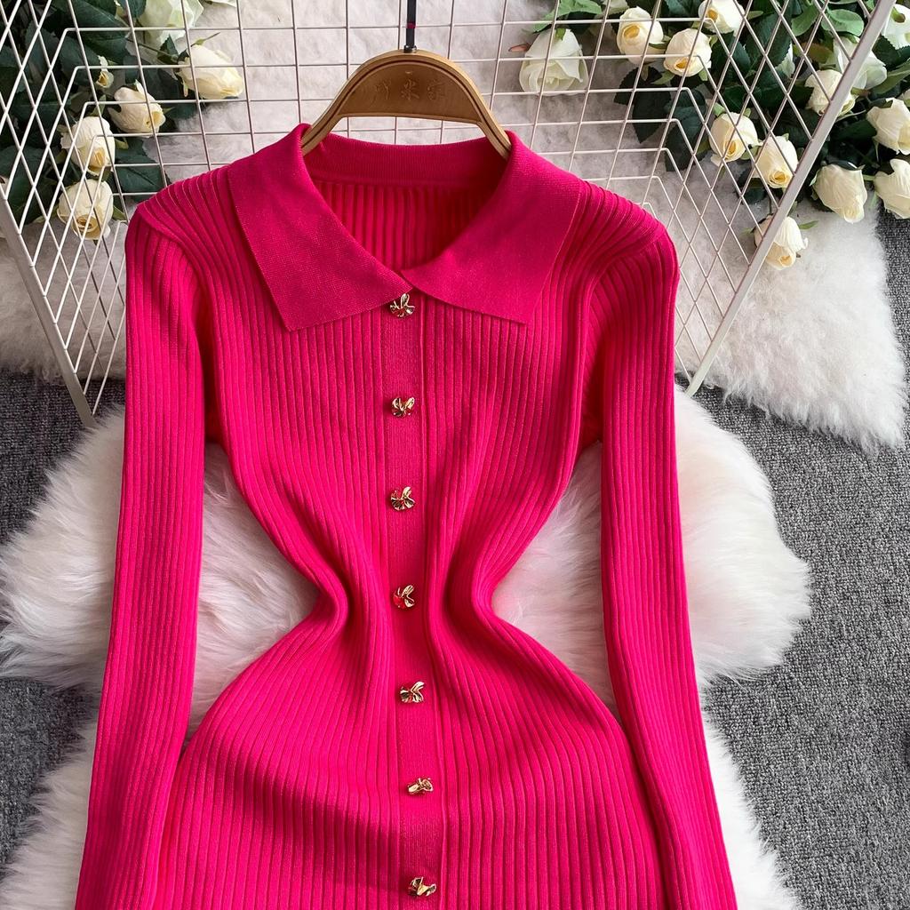 Women Dress Autumn Winter Vintage Turn-down Collar Long Sweater Dress Elegant Office Lady Dresses Chic Party Vestidos