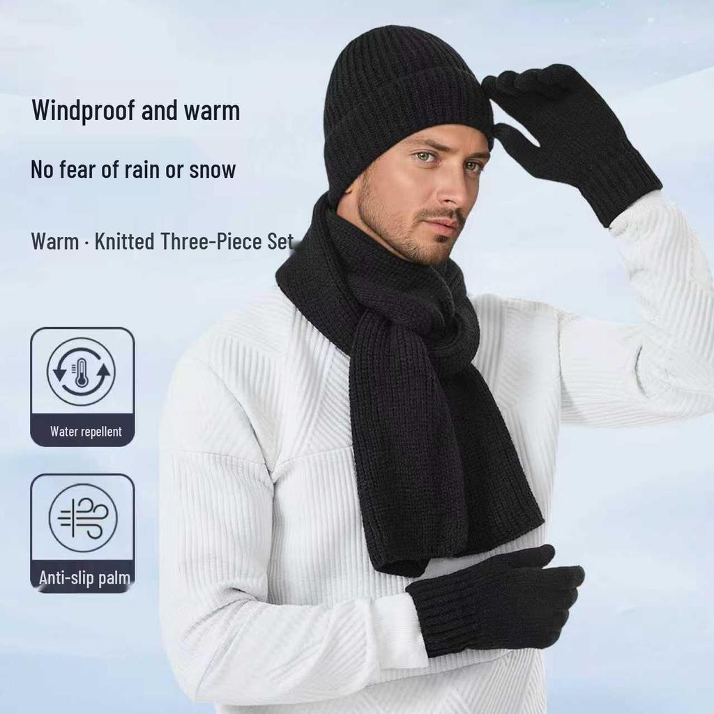 Winter Warm Woolen Hat, Scarf, and Gloves Set with Double-Layer Fleece Lining