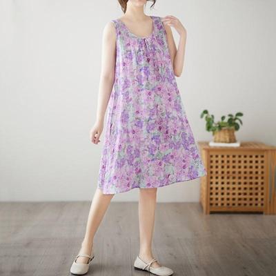 Sleeveless Plus Size Cotton Vintage Floral New In Dresses for Women Casual Loose Midi Summer Dress