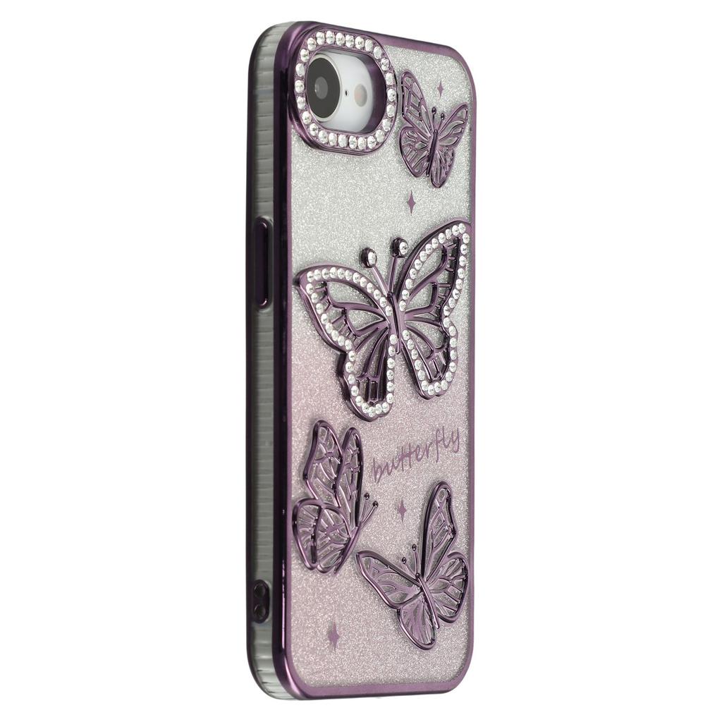 For iPhone 16e Case Rhinestones Decor 3D Butterfly TPU Phone Cover with Glitter Paper