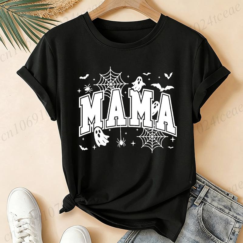 Spooky Season Graphic T-shirt Short Sleeve Tops Halloween Mama Retro Aesthetic Party T-shirt This Mama Loves Her Boos Shirts