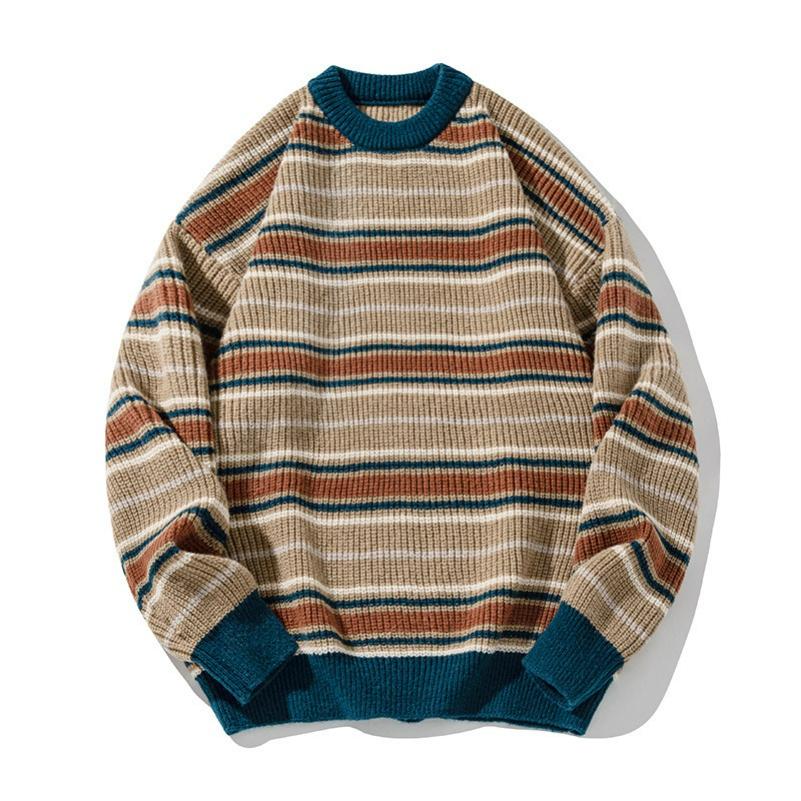 

Retro Contrast Striped Round Neck Sweater Men s Autumn and Winter Models Thick Needle Loose Lazy Wind Soft Waxy Pullover Sweater Jacket XXL