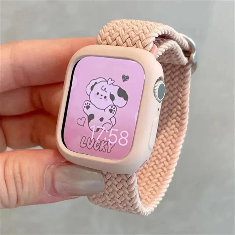 Korean Cute Braied Strap + Case For Apple Watch Band 49mm 46mm 45 44 38 42 Nylon Bracelet For iWatch Series 10 9 8 7 6 5 4 3 SE