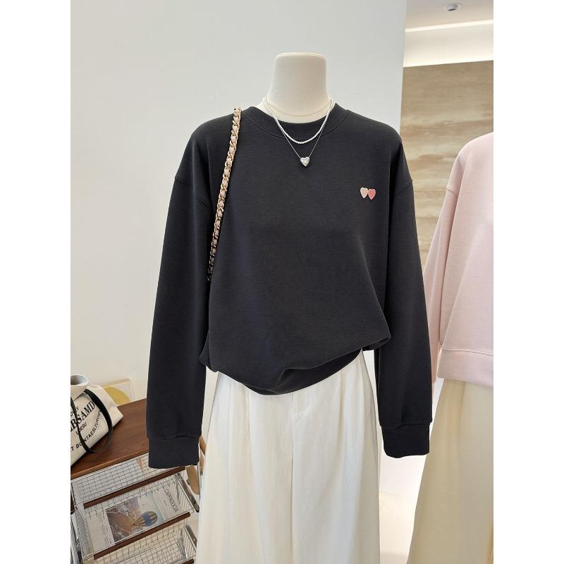 Herbstkleidung Einfache Liebesstickerei Vielseitig Hochwertig Locker Koreanisch Rundhalsausschnitt Pullover Langärmliges Sweatshirt Damen Oberteil
