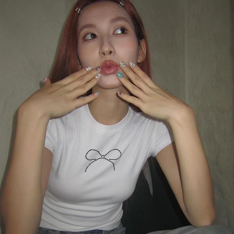 

Летний женский топ с открытым пупком, черный бант, бриллианты, горячее тиснение, облегающий короткий топ XXL белый