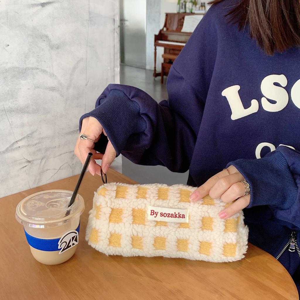 Waffle Lamb Plush Pencil Case Japanese Niche Student Stationery Storage Bag Female Student Large Capacity