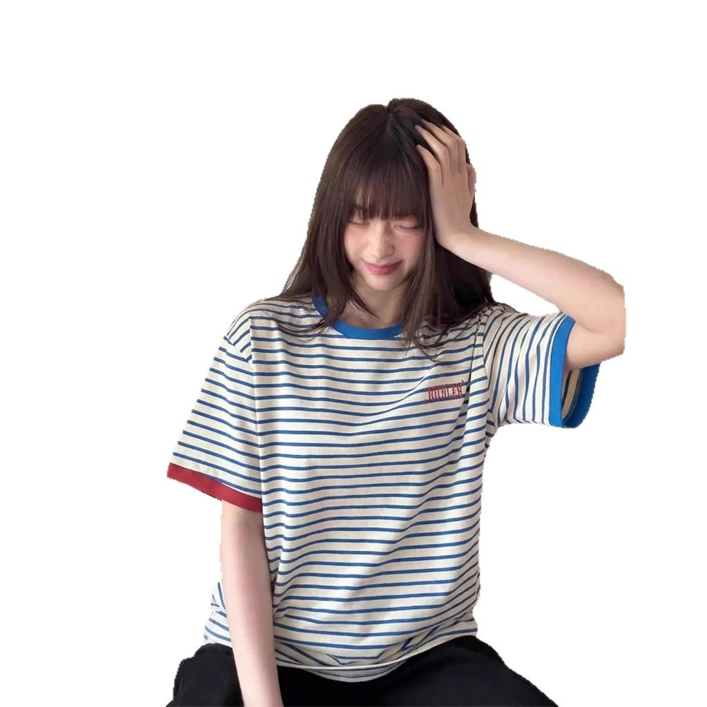 Striped contrasting color short-sleeved t-shirt women's summer loose casual crew neck versatile American retro half-sleeved top lazy style