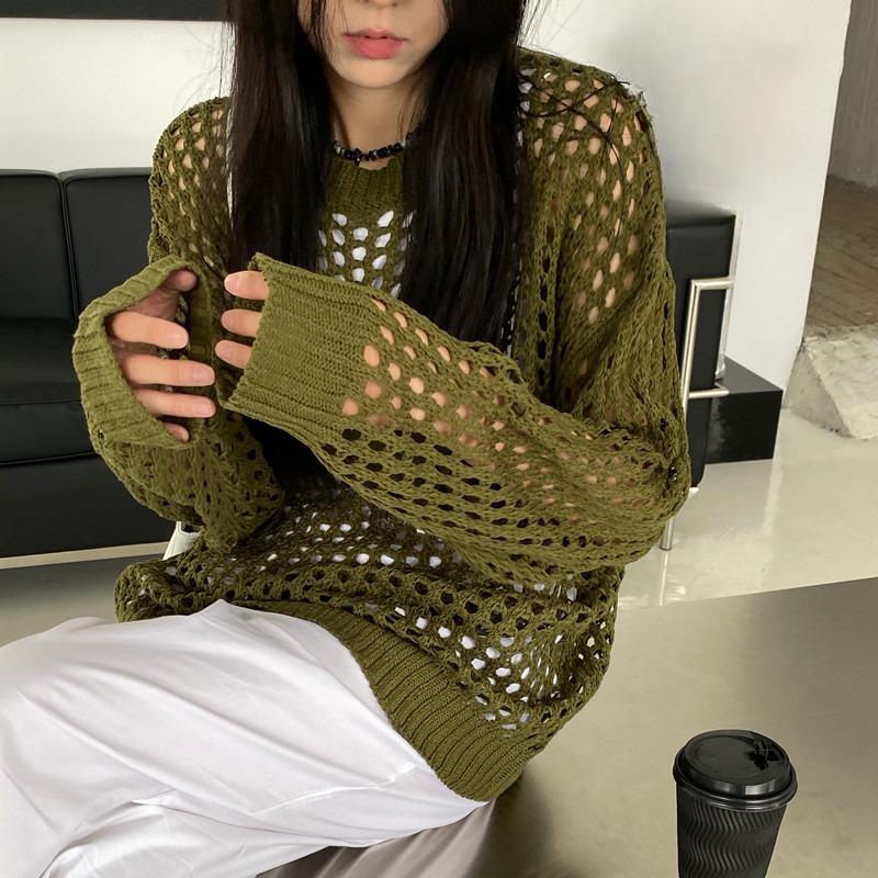 

Spring New Knitted Hollow Out Casual Loose Blouses Women Long Sleeve Summer Sun Protection Women s Shirts Round Neck Solid Ladies Shirt Tops 26056 One Size зелений