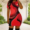Women Plus Size Short Sleeve Round Neck Printed Red Black Fitted Mini Dress