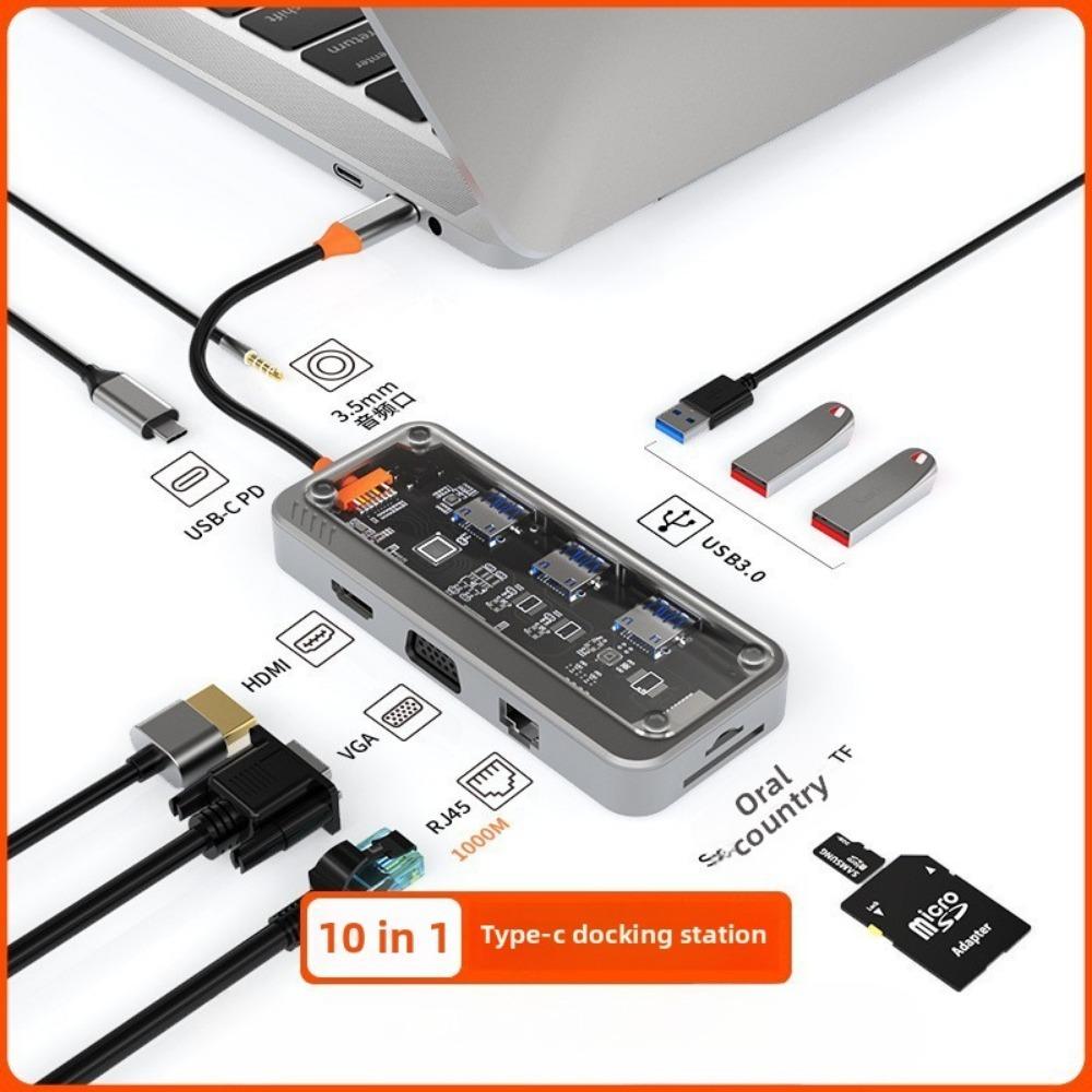 Transparent 10 In 1 Type C Docking Station USB Hub Adapter for Laptop PC MacBook