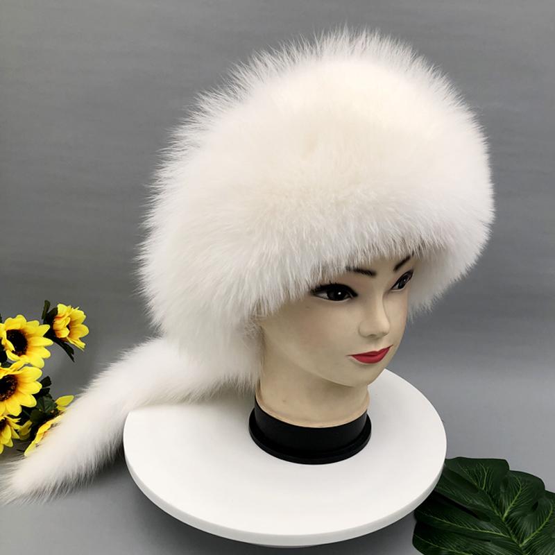 Winter Women Fox Fur Hat Fluffy Soviet Female Outdoor Warm Cap Snow Fur Hats 4 tails Real Sheep Skin Cold Bomber Hats