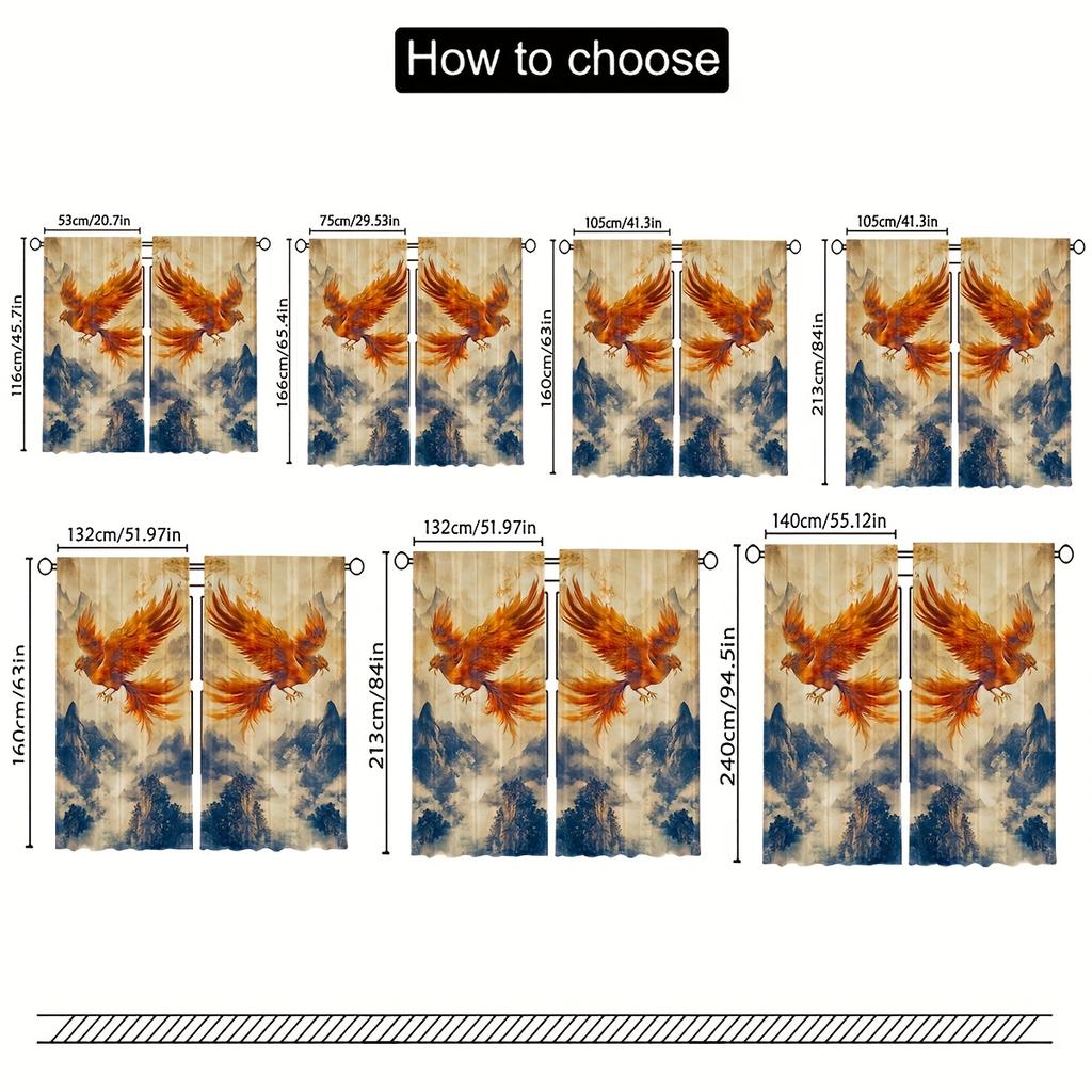 Set Of 2 Elegant Phoenix Print Curtains Traditional Chinese Ink Painting Style Warm Reds Goldens Delicate Curtain Room Darkening Made Polyester