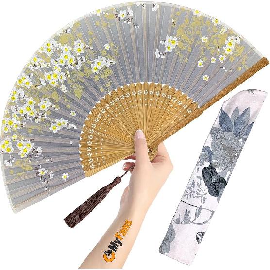 Hand Fan for Women Foldable - Folding Chinese Japanese Vintage Bamboo Silk Fan - Ideal for Hot Flashes, Church, EDM, Festivals, Dancing and Gifts