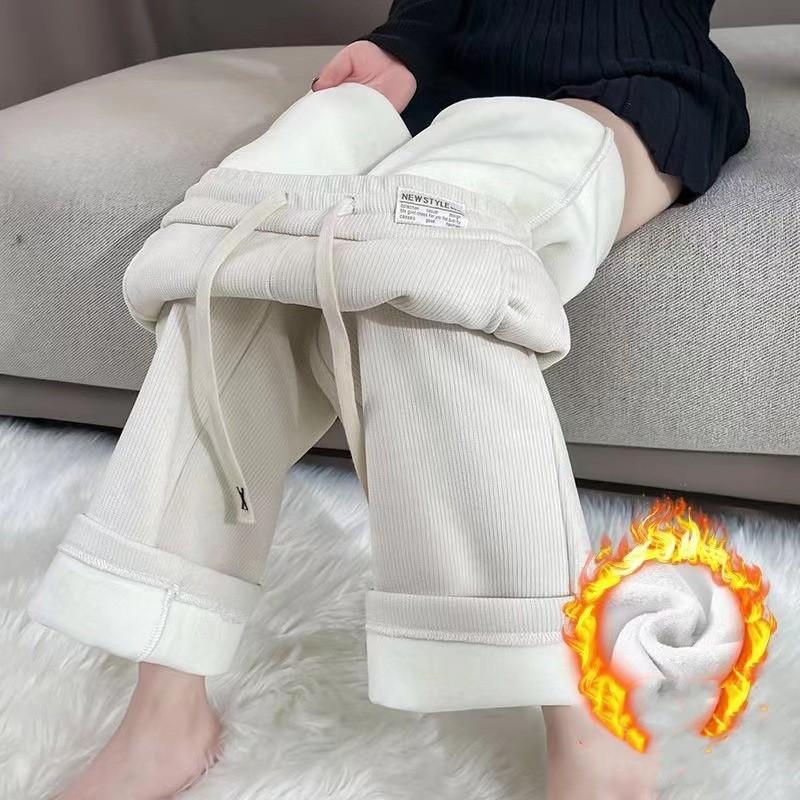 Women's Autumn and Winter Fleece-lined Straight-leg High-waisted Wide-leg Pants, Simple and Casual, Slimming, 9/10 Length Pants