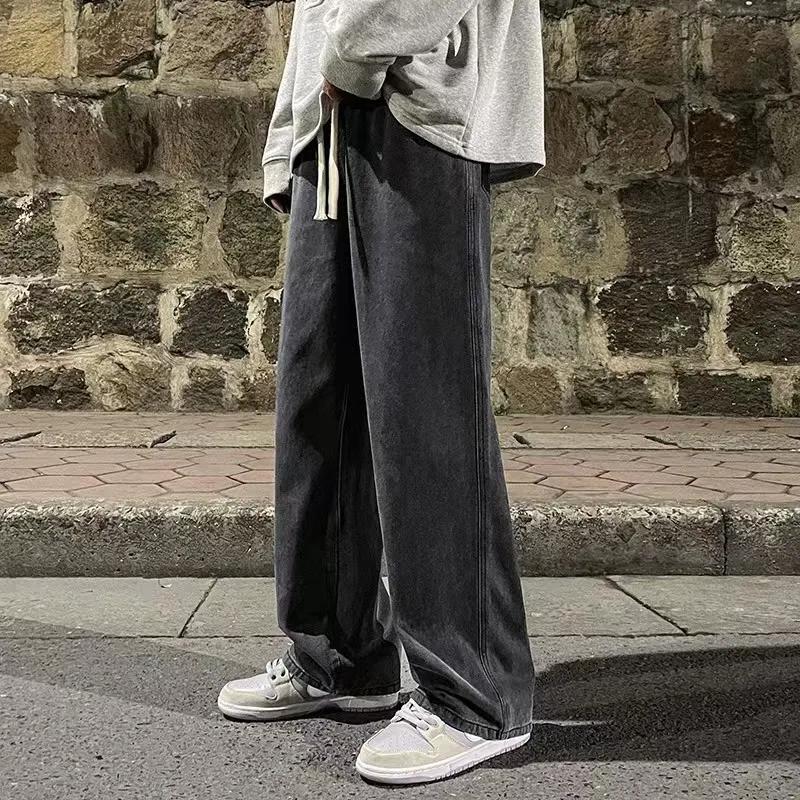 Four Seasons Streetwear Loose Jeans Men Korean Style Fashion Loose Straight Wide Leg Pants Men's Brand Clothing Black Light Blue