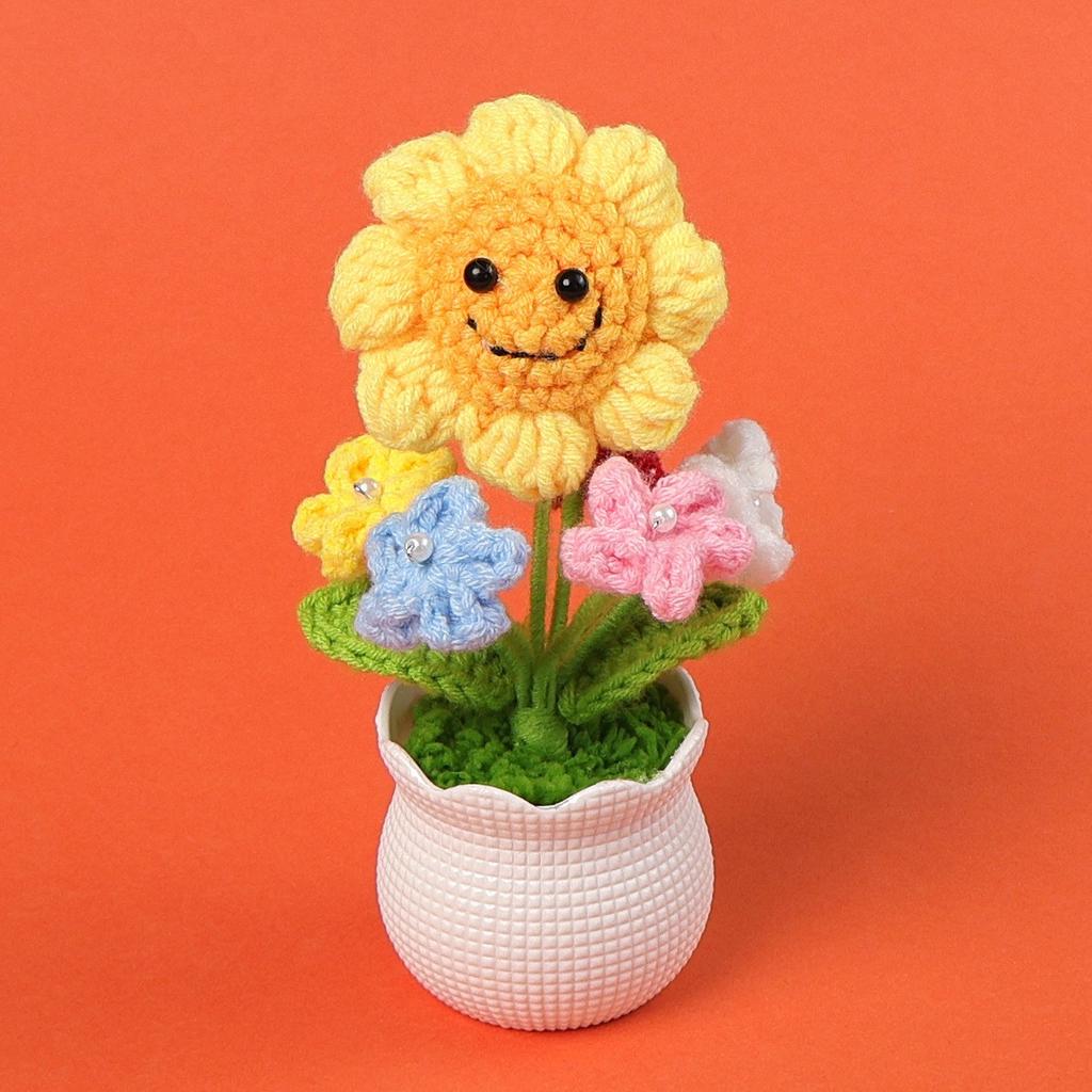 Hand-Knitted Wool Fake Flowers Set: Sunflower, Carnation, Tulip - Desktop Decor, Teacher/Student Gift, Everlasting Bouquet