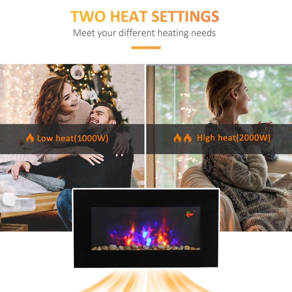 Electric Wall Fireplace, 1000W/2000W, LED Fire Effect, Remote Control, Stylish Look, with Heating Function