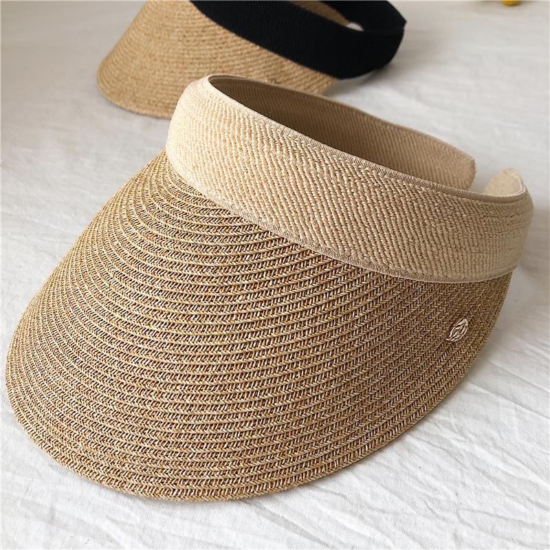 

Straw empty top hat Children s temperament Versatile travel sunscreen topless ponytail headband Sun hat tide one size fits all бежевий